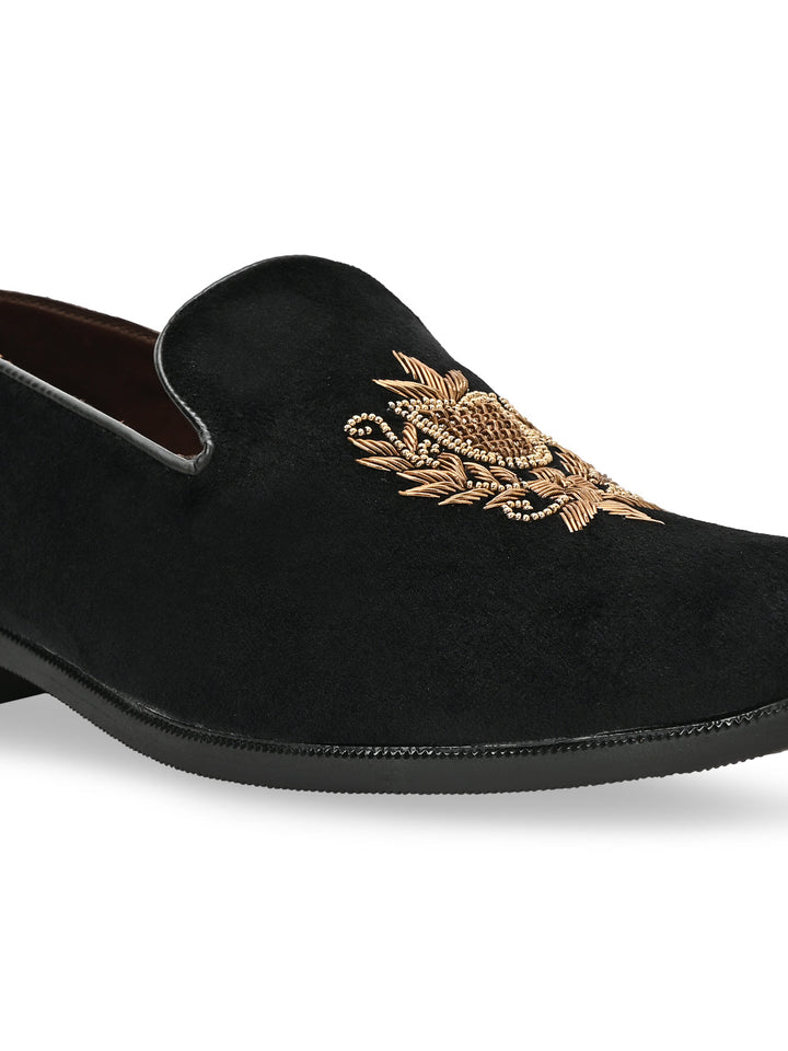 Regal Black Men Suede Embroidered Ethnic Slip Ons