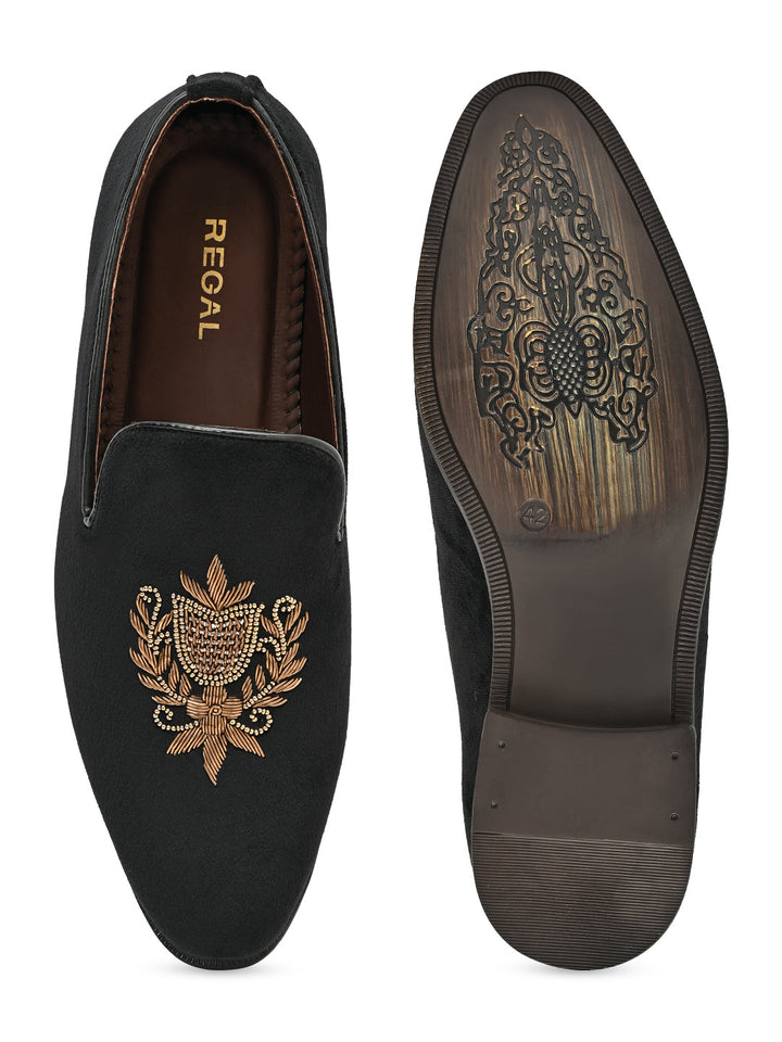 Regal Black Men Suede Embroidered Ethnic Slip Ons