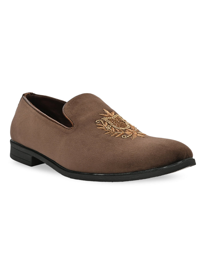 Regal Brown Men Suede Embroidered Ethnic Slip Ons