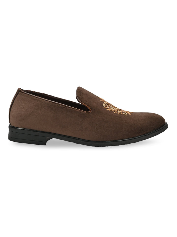 Regal Brown Men Suede Embroidered Ethnic Slip Ons