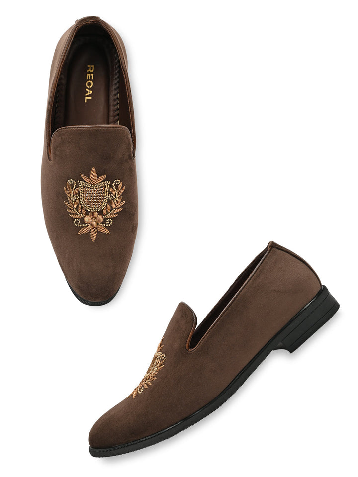 Regal Brown Men Suede Embroidered Ethnic Slip Ons