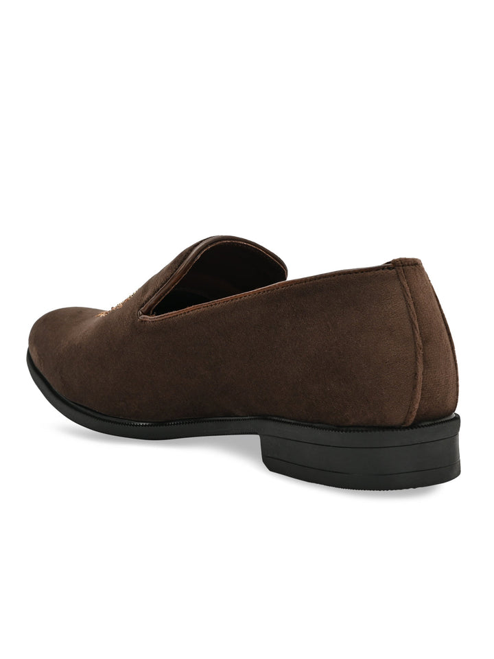 Regal Brown Men Suede Embroidered Ethnic Slip Ons