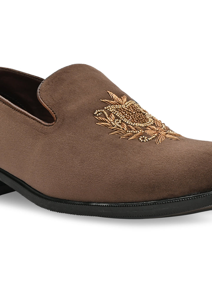Regal Brown Men Suede Embroidered Ethnic Slip Ons