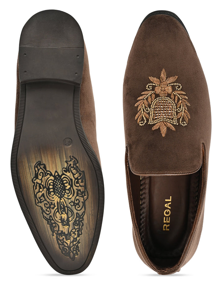 Regal Brown Men Suede Embroidered Ethnic Slip Ons