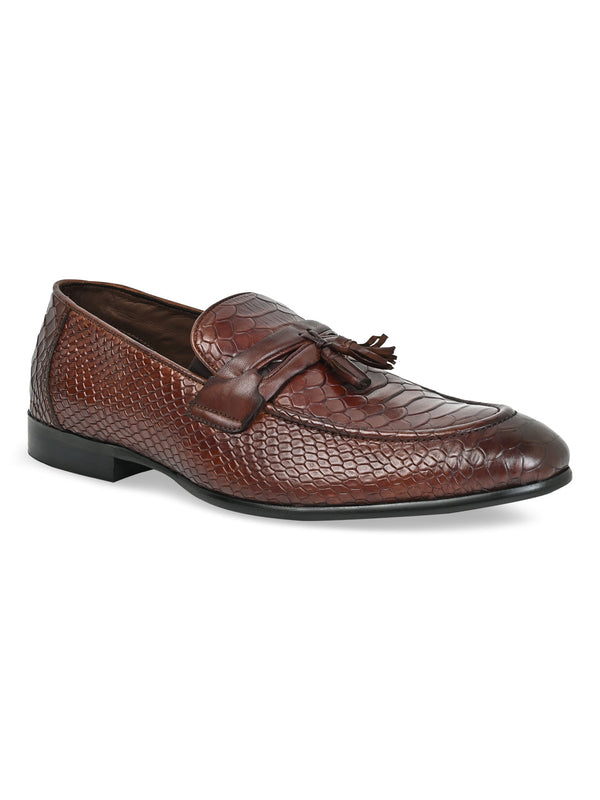 Imperio By Regal Dark Tan Men Formal Croco Leather Tassel Slip Ons