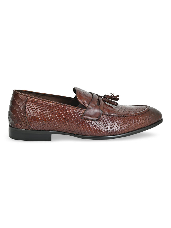 Imperio By Regal Dark Tan Men Formal Croco Leather Tassel Slip Ons