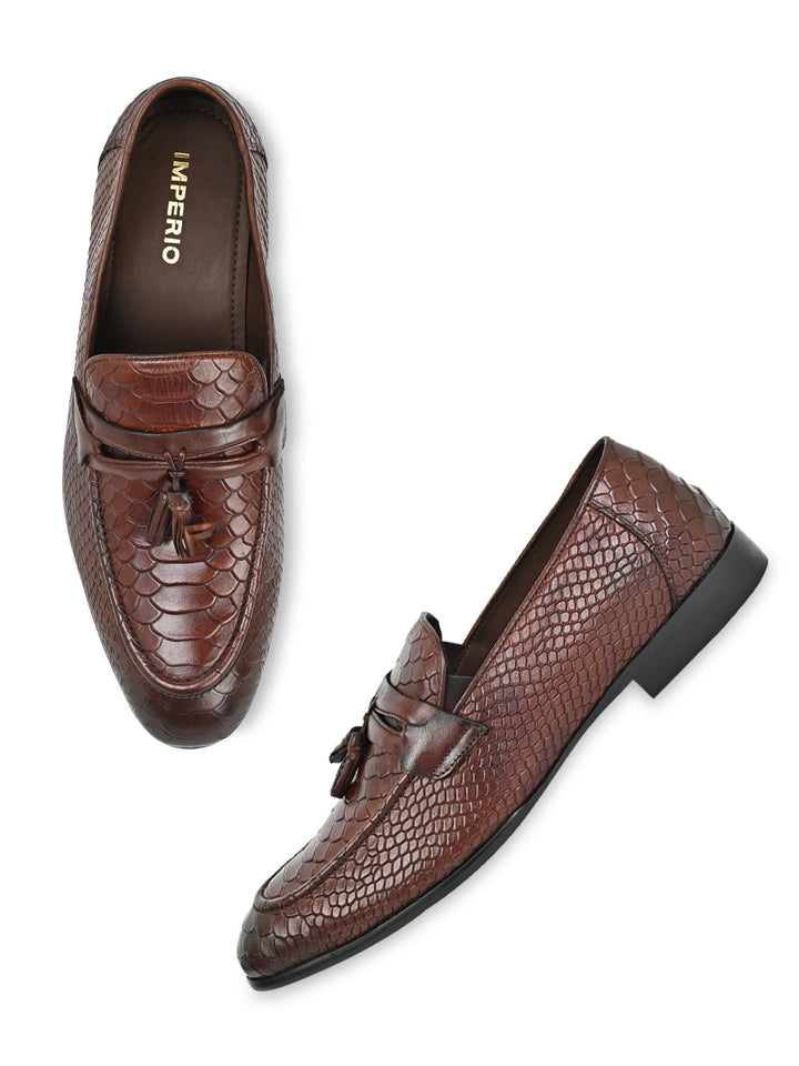 Imperio By Regal Dark Tan Men Formal Croco Leather Tassel Slip Ons