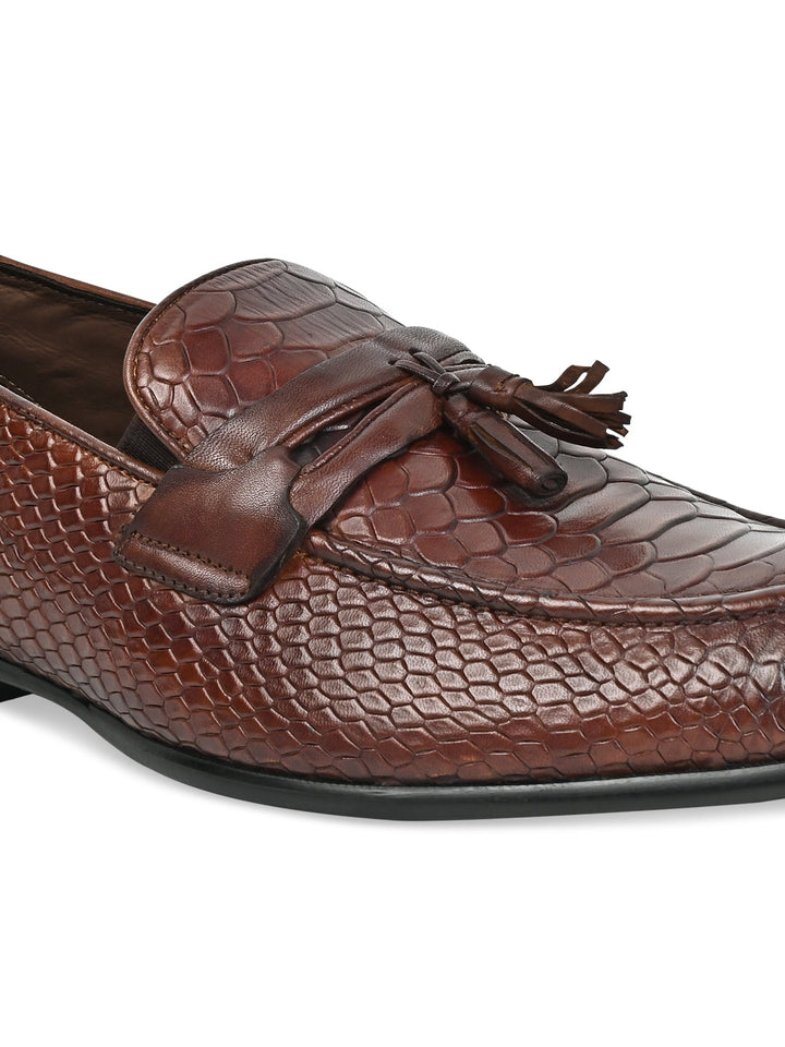 Imperio By Regal Dark Tan Men Formal Croco Leather Tassel Slip Ons