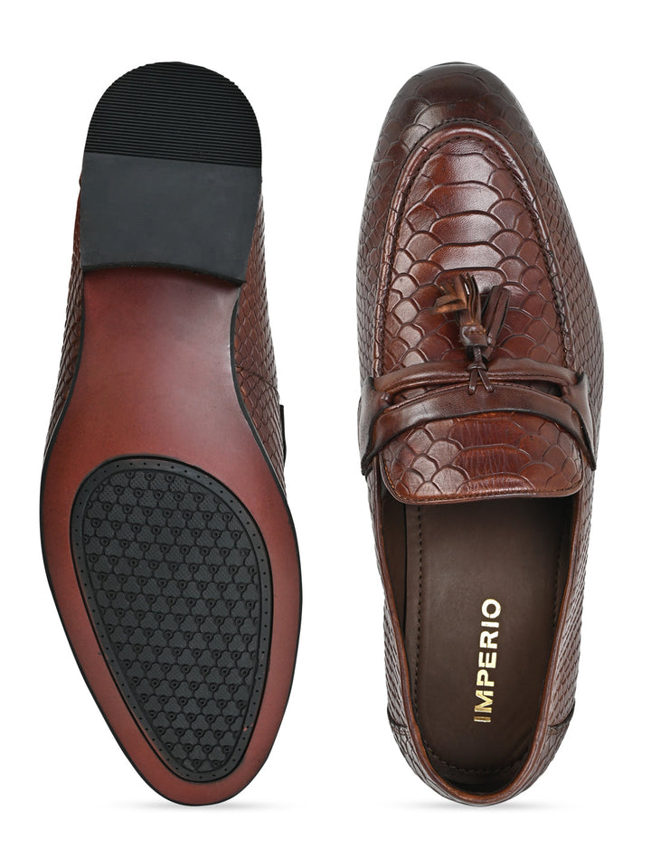 Imperio By Regal Dark Tan Men Formal Croco Leather Tassel Slip Ons