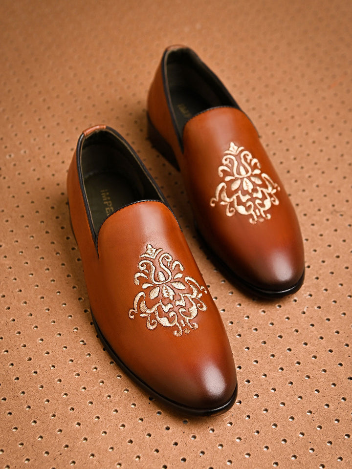 Imperio By Regal Tan Men Formal Leather Embroidered Slip Ons
