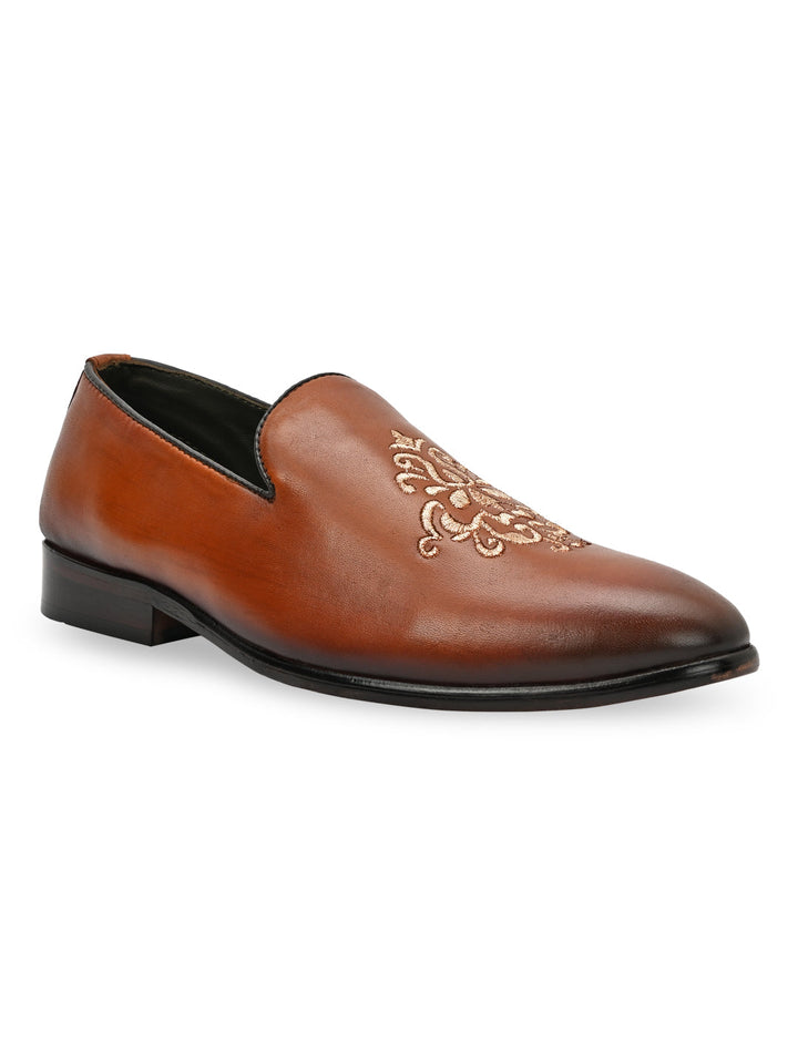 Imperio By Regal Tan Men Formal Leather Embroidered Slip Ons