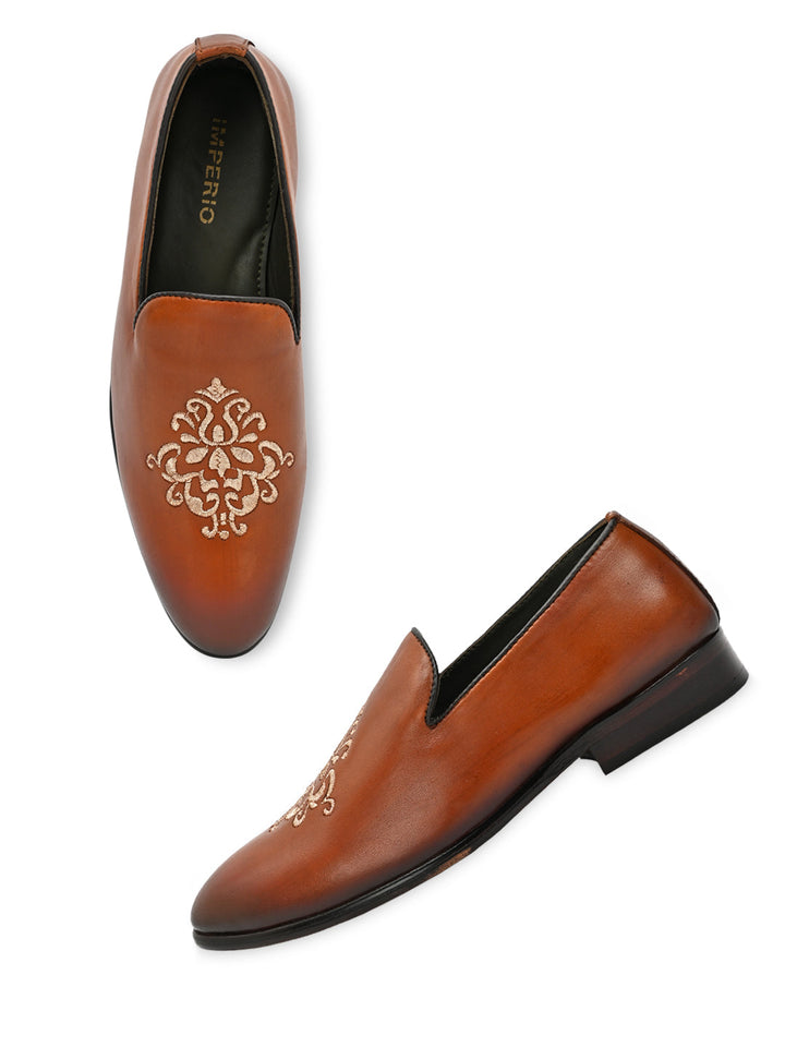 Imperio By Regal Tan Men Formal Leather Embroidered Slip Ons