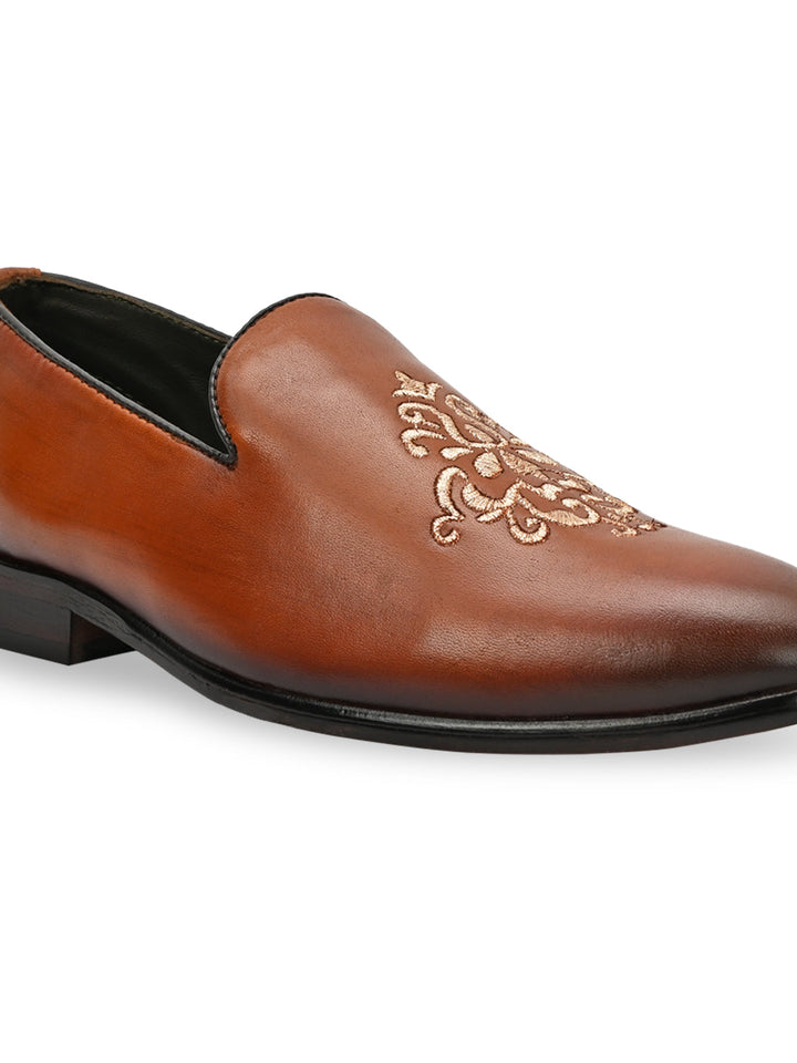 Imperio By Regal Tan Men Formal Leather Embroidered Slip Ons