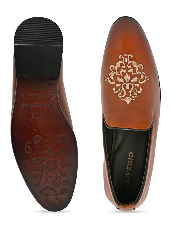 Imperio By Regal Tan Men Formal Leather Embroidered Slip Ons