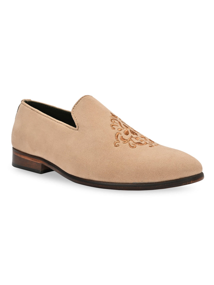 Imperio By Regal Beige Men Embroidered Suede Slip Ons