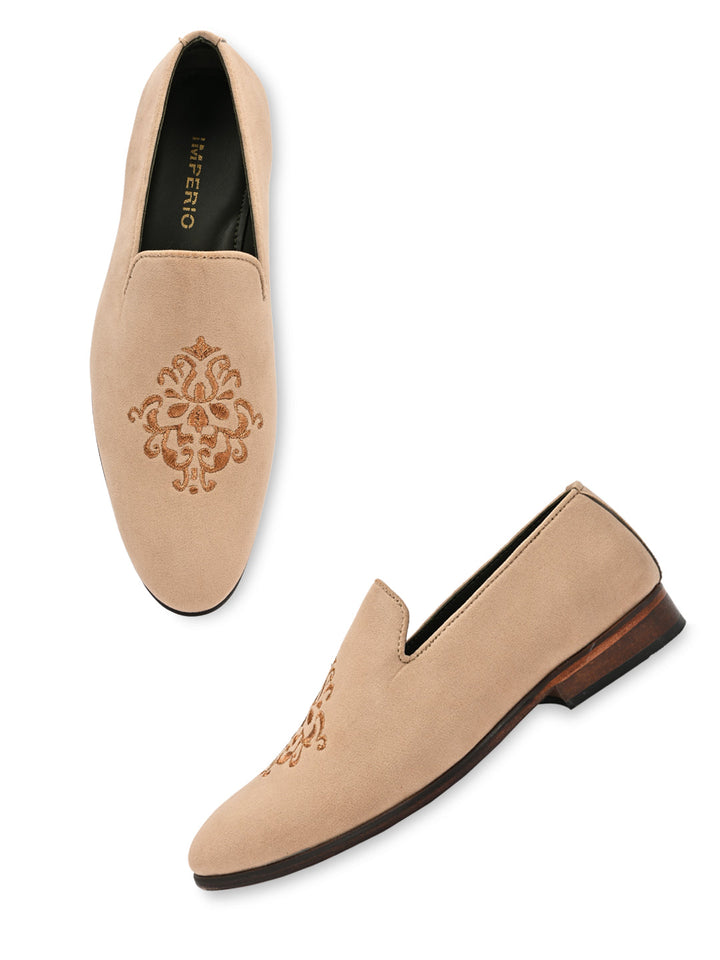 Imperio By Regal Beige Men Embroidered Suede Slip Ons