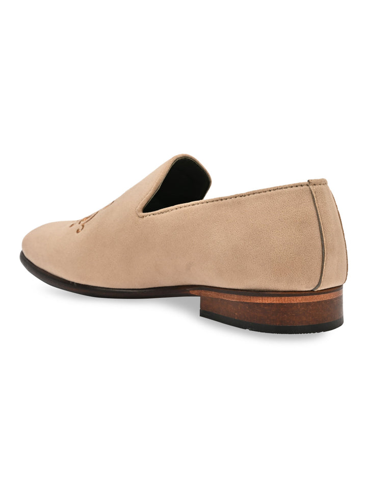 Imperio By Regal Beige Men Embroidered Suede Slip Ons