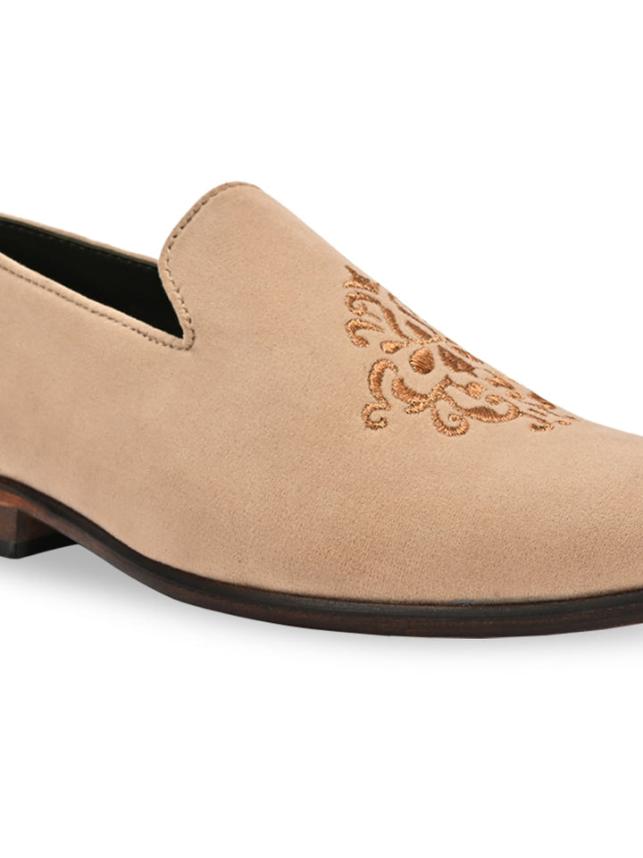 Imperio By Regal Beige Men Embroidered Suede Slip Ons