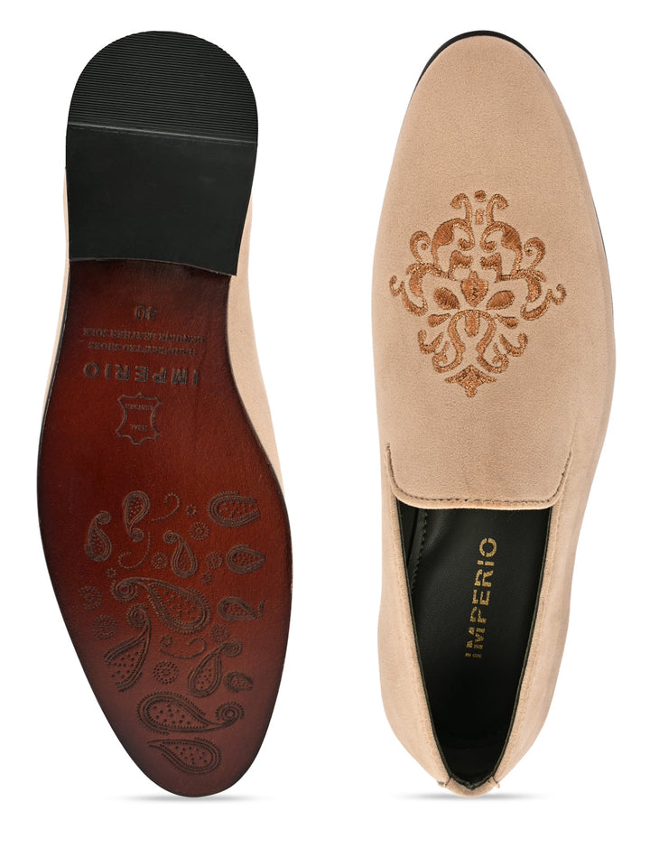 Imperio By Regal Beige Men Embroidered Suede Slip Ons