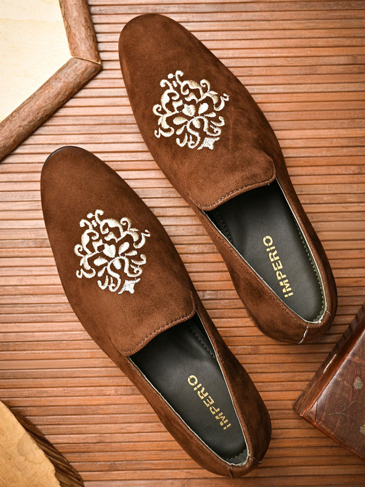 Imperio By Regal Brown Men Embroidered Suede Slip Ons