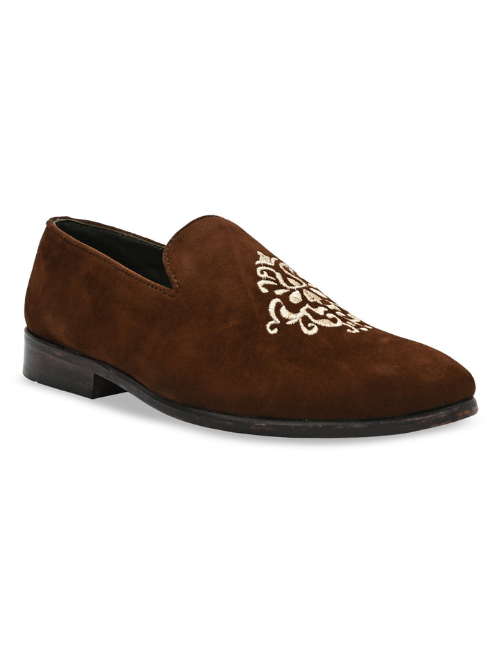 Imperio By Regal Brown Men Embroidered Suede Slip Ons