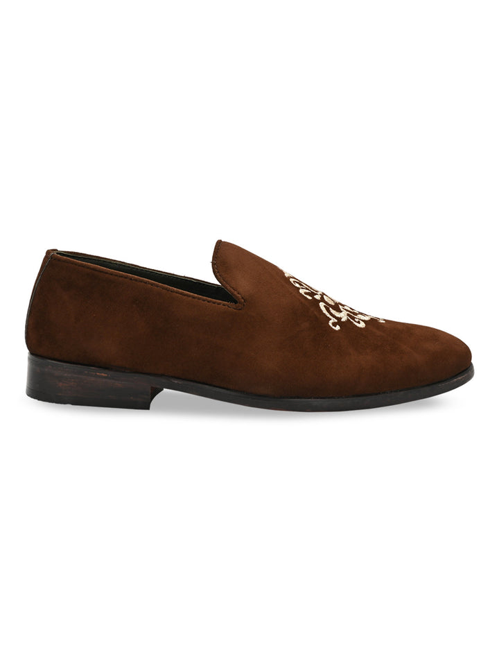 Imperio By Regal Brown Men Embroidered Suede Slip Ons