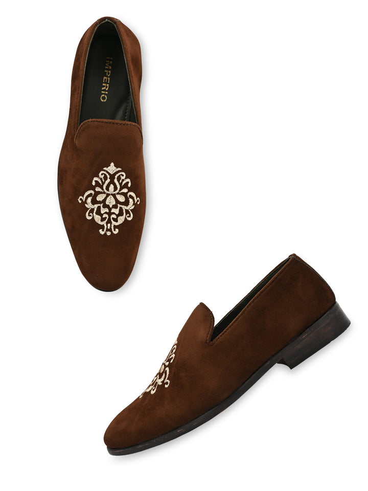 Imperio By Regal Brown Men Embroidered Suede Slip Ons
