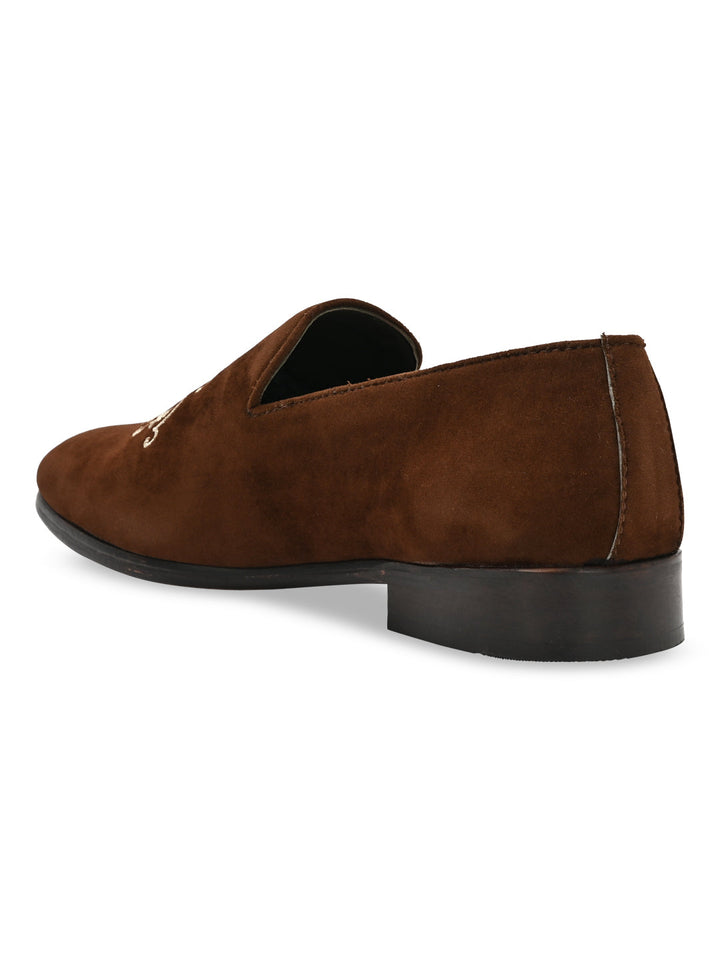 Imperio By Regal Brown Men Embroidered Suede Slip Ons