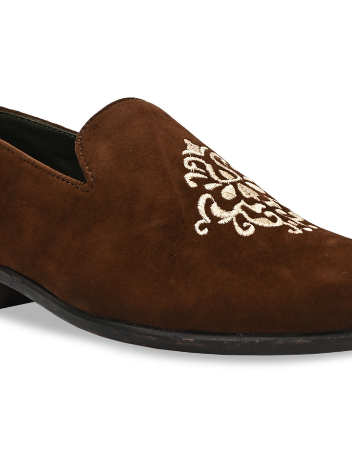 Imperio By Regal Brown Men Embroidered Suede Slip Ons