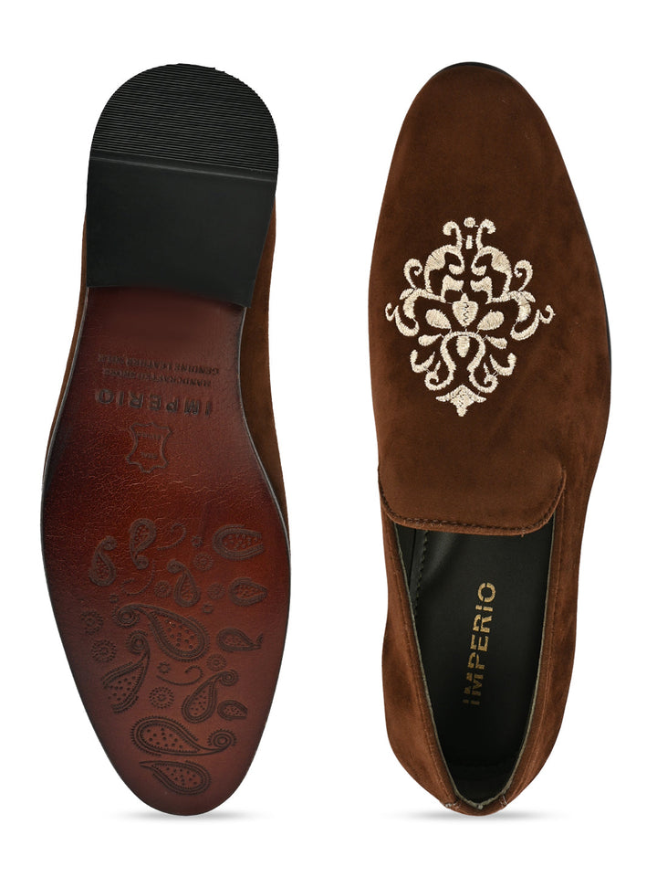 Imperio By Regal Brown Men Embroidered Suede Slip Ons