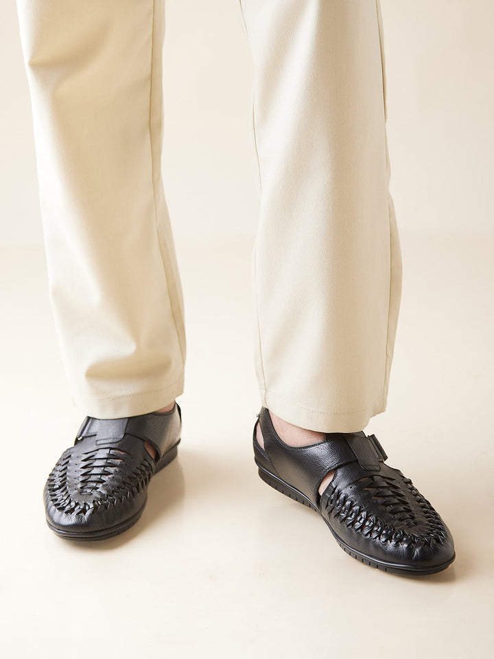 Imperio By Regal Black Mens Formal Leather Woven Sandals