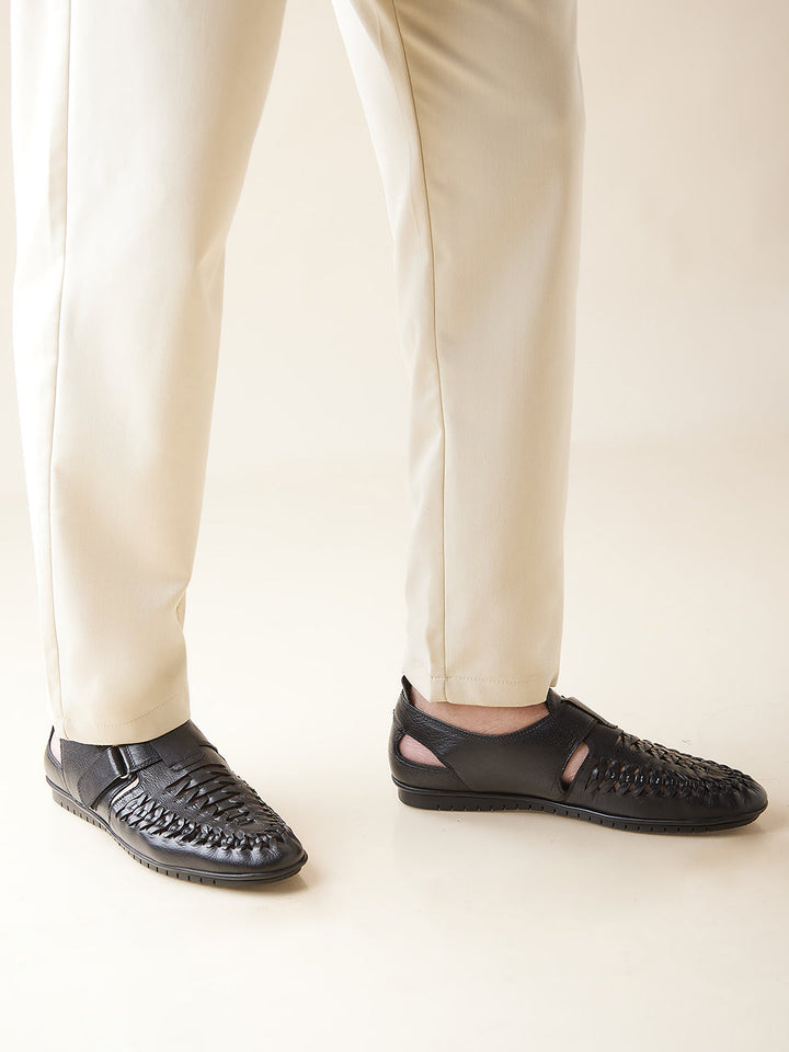 Imperio By Regal Black Mens Formal Leather Woven Sandals
