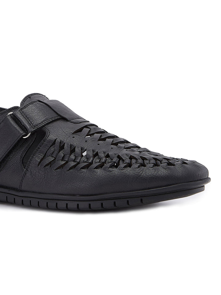 Imperio By Regal Black Mens Formal Leather Woven Sandals