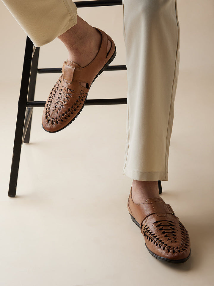 Imperio By Regal Tan Mens Formal Leather Woven Sandals
