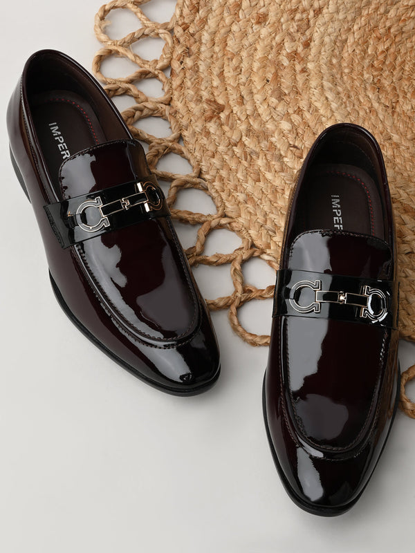 Imperio By Regal Maroon Men Formal Patent Leather Buckled Slip Ons