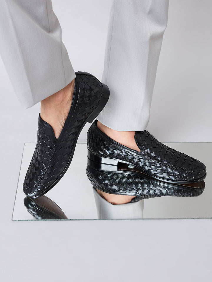 Imperio By Regal Black Mens Woven Textuted Leather Formal Slip Ons