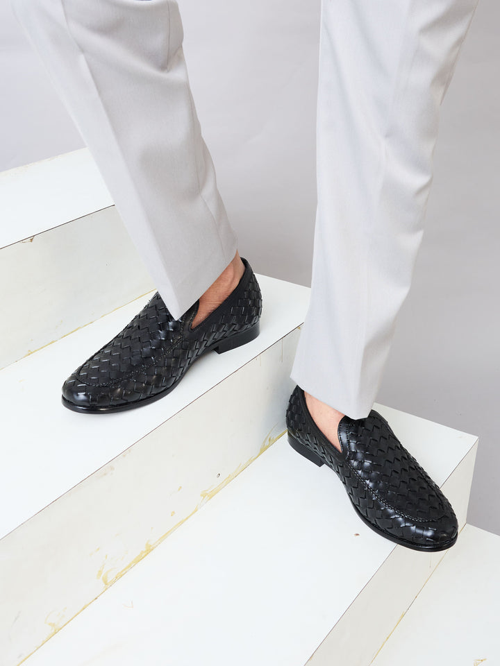 Imperio By Regal Black Mens Woven Textuted Leather Formal Slip Ons