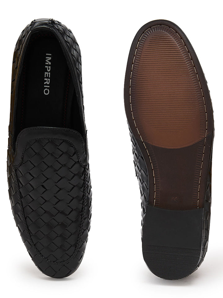 Imperio By Regal Black Mens Woven Textuted Leather Formal Slip Ons