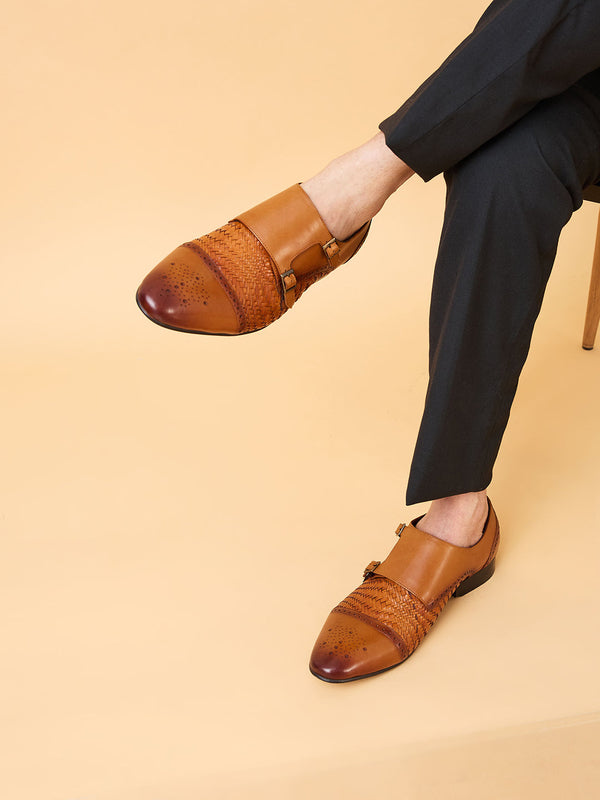 Imperio By Regal Tan Mens Formal Woven Double Monk Slip Ons