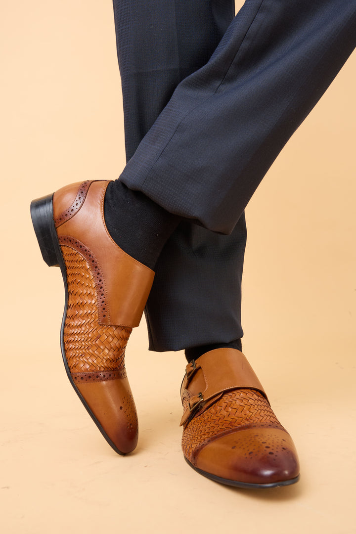 Imperio By Regal Tan Mens Formal Woven Double Monk Slip Ons