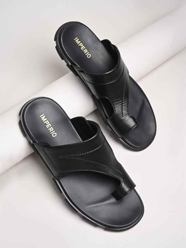 Imperio By Regal Black Men Leather One Toe Sandals