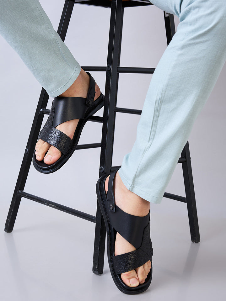 Imperio By Regal Black Men Textured Leather Sandals