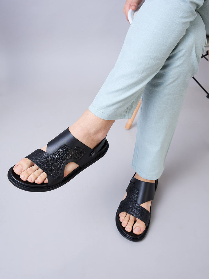 Imperio By Regal Black Men Textured Leather Sandals