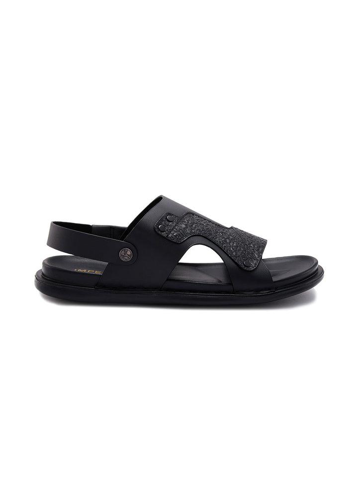 Imperio By Regal Black Men Textured Leather Sandals