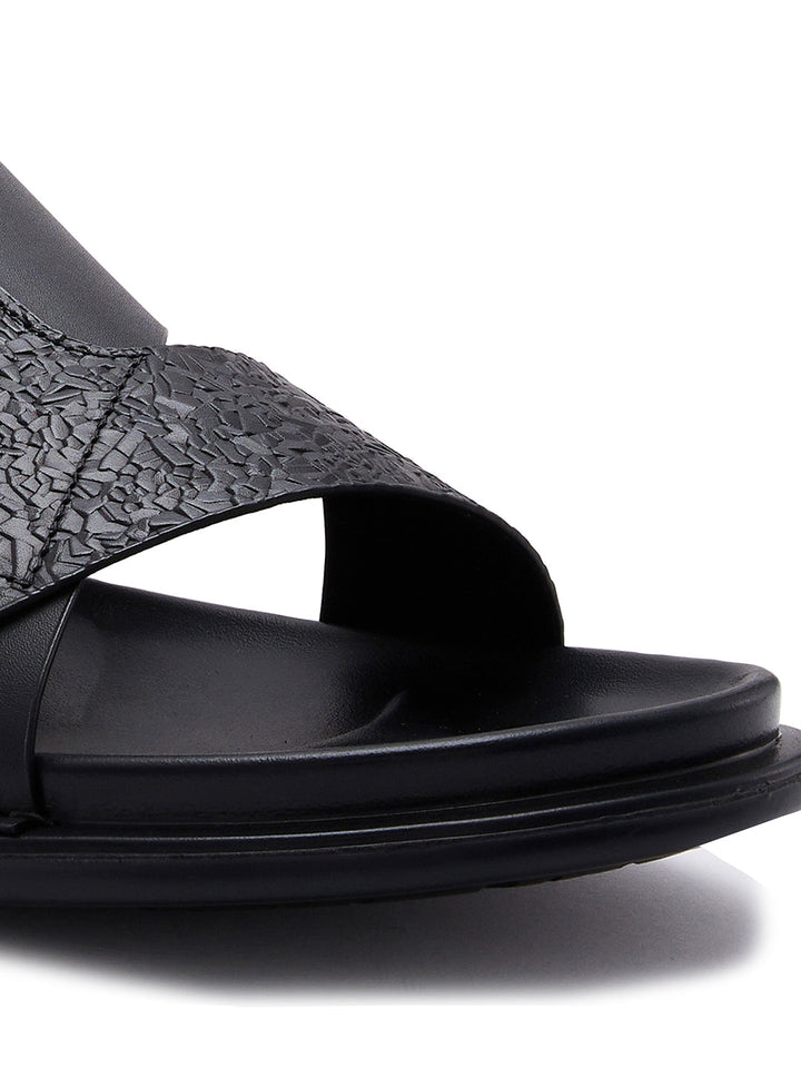 Imperio By Regal Black Men Textured Leather Sandals