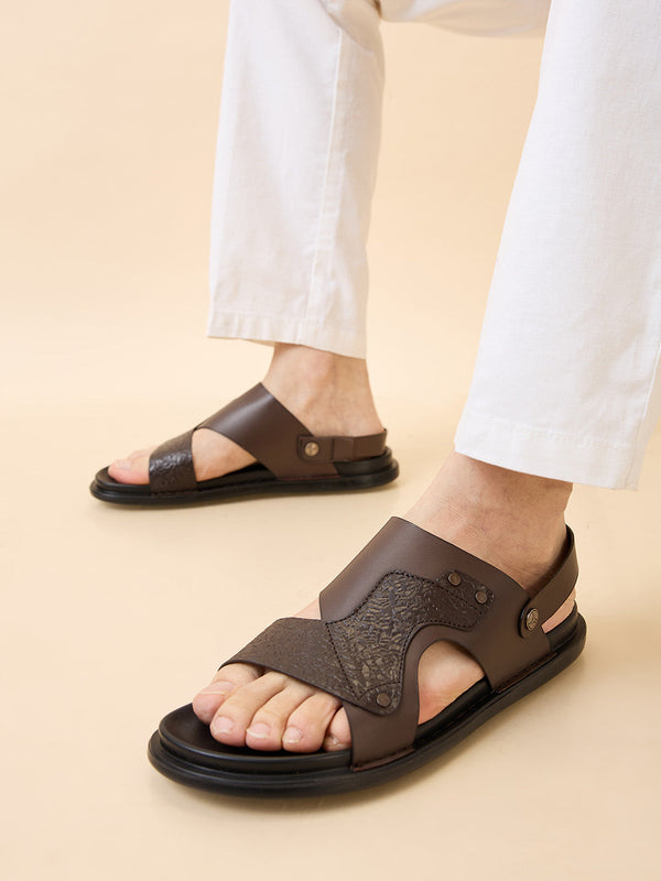 Imperio By Regal Brown Men Textured Leather Sandals