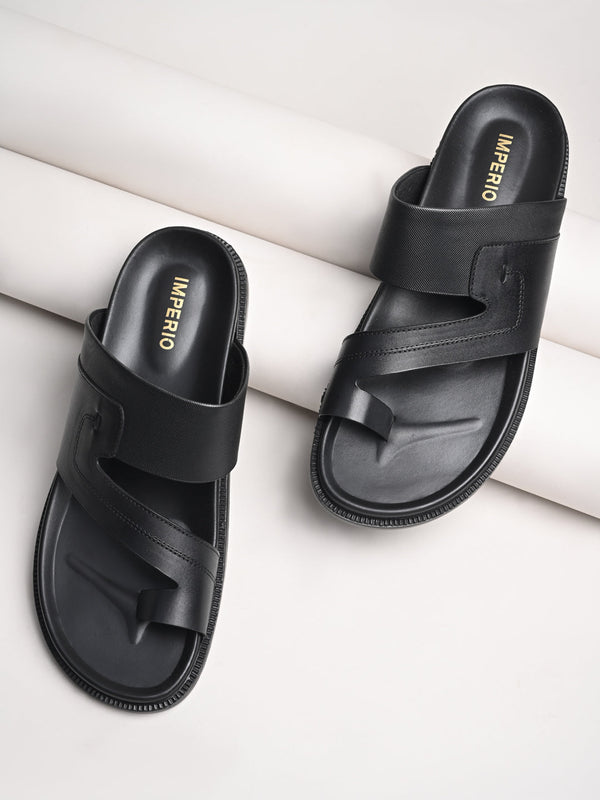 Imperio By Regal Black Men Leather One Toe Sandals