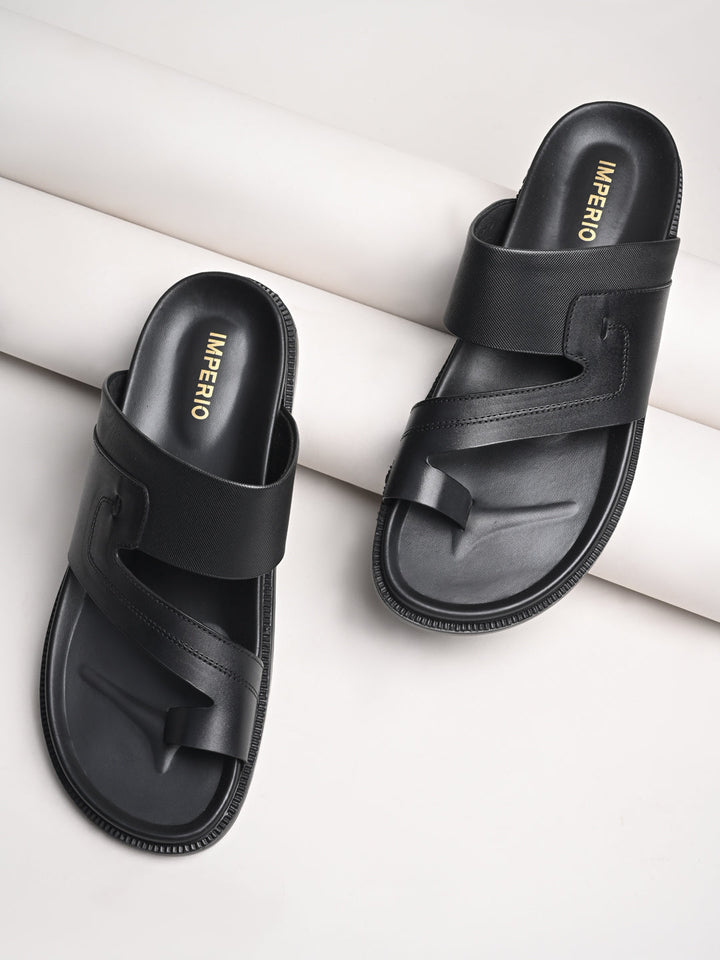 Imperio By Regal Black Men Leather One Toe Sandals
