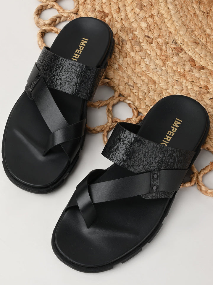 Imperio By Regal Black Men Textured Leather Sandals