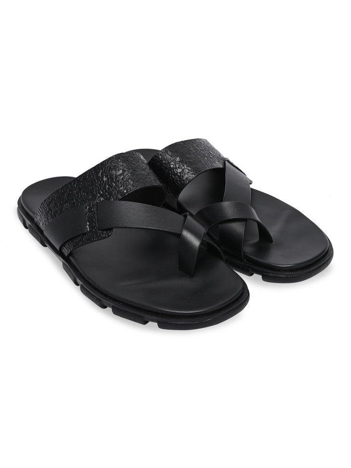 Imperio By Regal Black Men Textured Leather Sandals